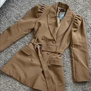 Brown Puff Sleeve Blazer Dress with Belt